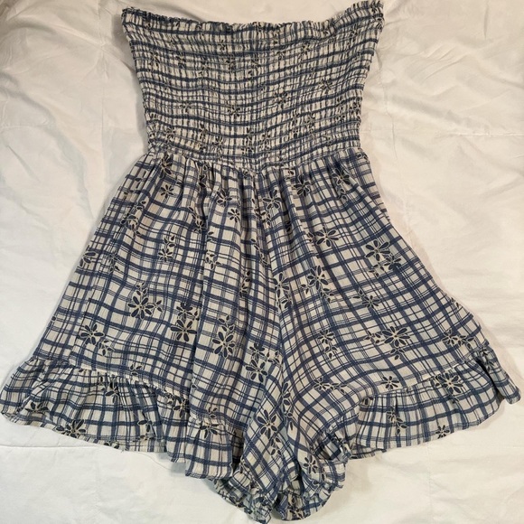 Angie Blue and White Plaid/Floral Strapless Romper - Picture 1 of 4
